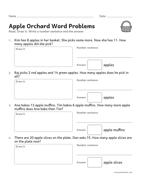 Preview of the printable “Apple orchard word problems” worksheet: solving apple word problems within 20, including compare and missing change