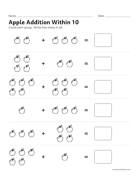 Preview of the printable “Apple addition within 10” worksheet: adding two groups of pictures within 10