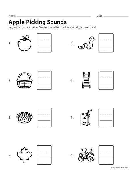 Preview of the printable “Apple picking beginning sounds” worksheet: writing the letter for the first sound in a word