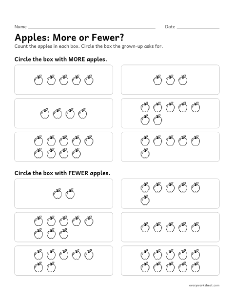 Preview of the printable “Apples: more or Fewer?” worksheet: comparing two groups to find more and fewer