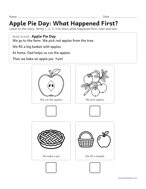 Preview of the printable “Apple pie story sequencing” worksheet: putting the events of a story in order
