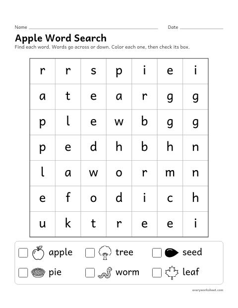 Preview of the printable “Apple word search” worksheet: finding seasonal words by their letters