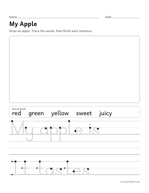 Preview of the printable “My apple writing prompt” worksheet: drawing and writing to describe an apple