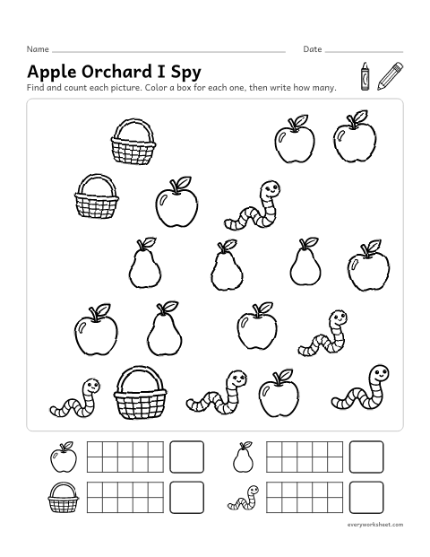 Preview of the printable “Apple orchard I spy” worksheet: finding and counting apple orchard things to 10