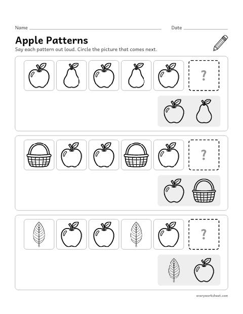 Preview of the printable “Apple patterns” worksheet: finishing AB and ABB patterns of apple things