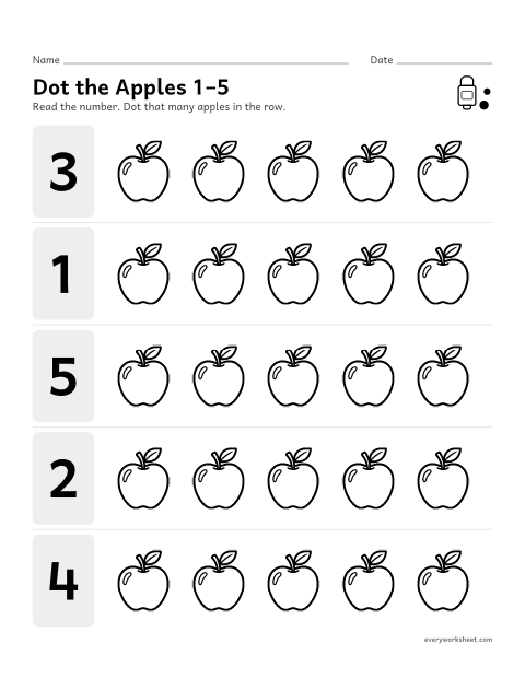 Preview of the printable “Dot the apples 1–5” worksheet: counting out 1 to 5 apples with a dot marker