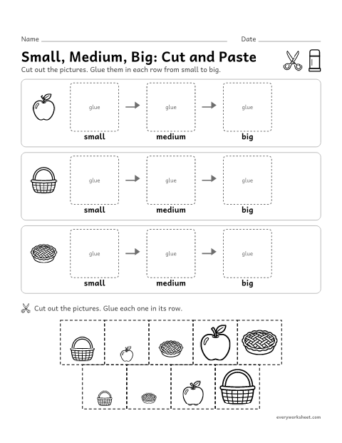 Preview of the printable “Small, Medium, Big: cut and paste” worksheet: putting 3 apples, baskets and pies in order from small to big