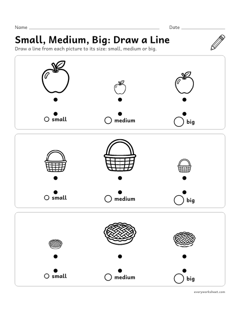 Preview of the printable “Small, Medium, Big: draw a line” worksheet: putting 3 apples, baskets and pies in order from small to big