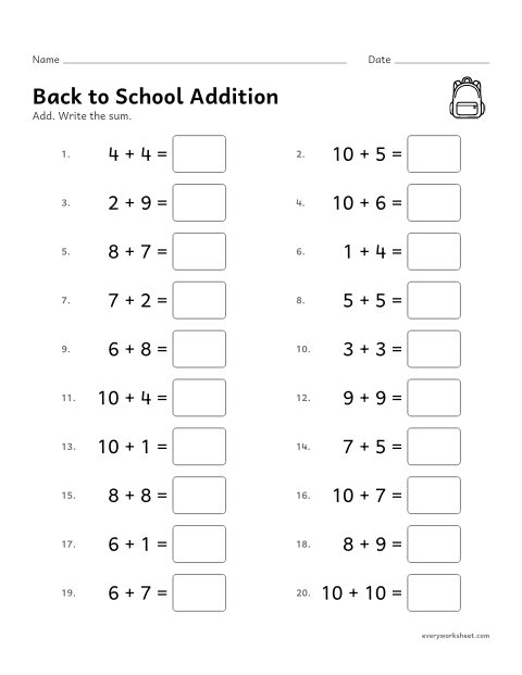 Preview of the printable “Back to school addition” worksheet: adding within 20 to warm up for the new year