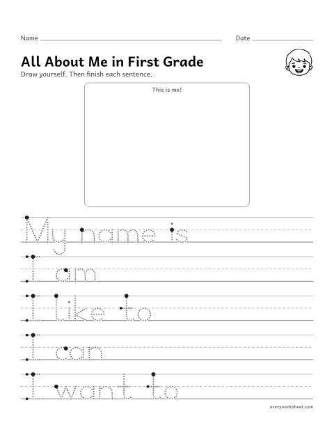 Preview of the printable “All about me in first grade” worksheet: writing facts about yourself in complete sentences