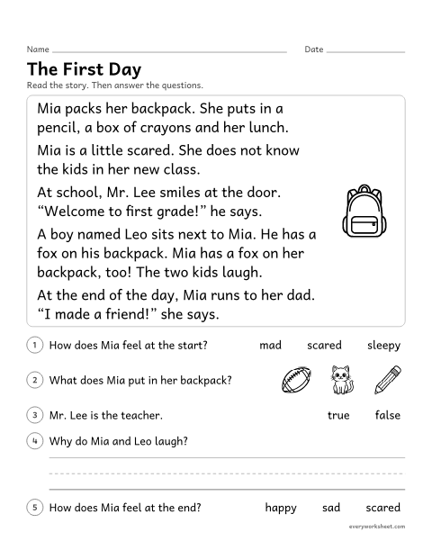 Preview of the printable “The first day” worksheet: describing a character’s feelings and the events of a back to school story