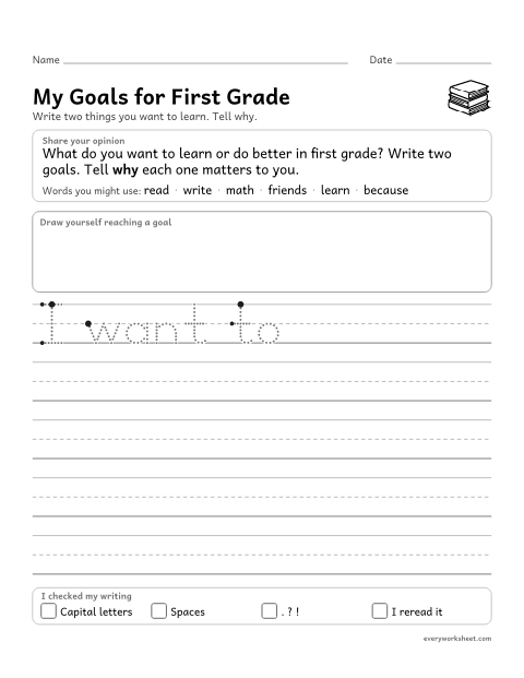 Preview of the printable “My goals for first grade” worksheet: writing an opinion about goals for the school year, with reasons