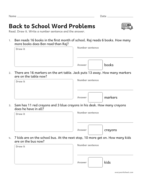 Preview of the printable “Back to school word problems” worksheet: solving school word problems within 20