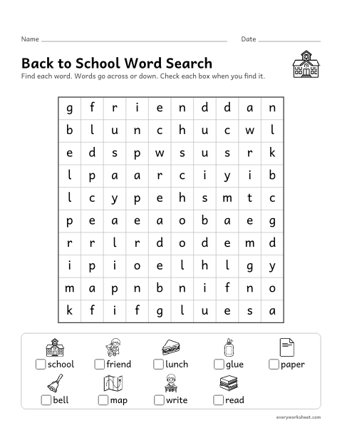 Preview of the printable “Back to school word search” worksheet: finding and reading back to school words by their spelling