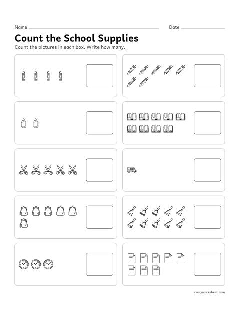 Preview of the printable “Count the school supplies” worksheet: counting groups of 1 to 10 and writing how many