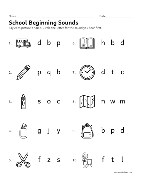 Preview of the printable “School beginning sounds” worksheet: hearing the first sound in a word and finding its letter