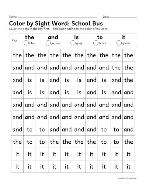 Preview of the printable “Color by sight Word: school bus” worksheet: reading sight words to color a picture
