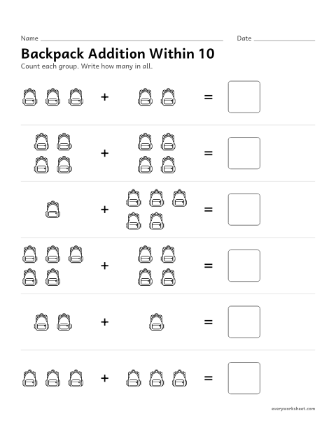Preview of the printable “Backpack addition within 10” worksheet: adding two groups of pictures within 10
