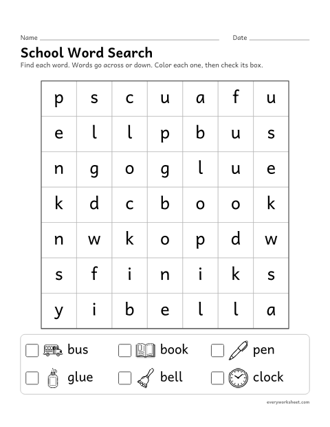 Preview of the printable “School word search” worksheet: finding seasonal words by their letters
