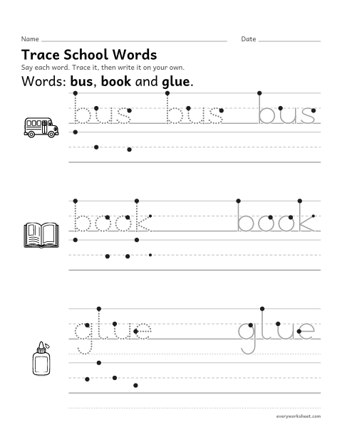 Preview of the printable “Trace school words” worksheet: tracing and writing school words