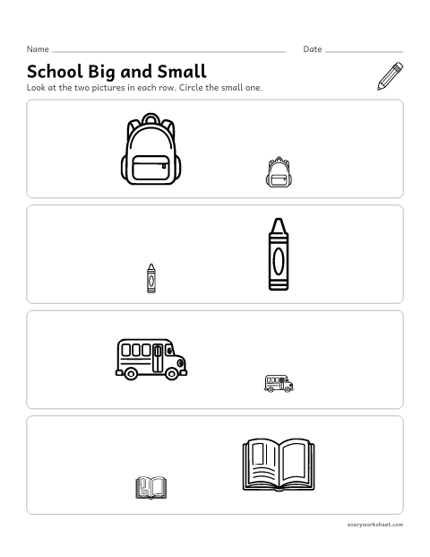 Preview of the printable “School big and small” worksheet: comparing two school things by size