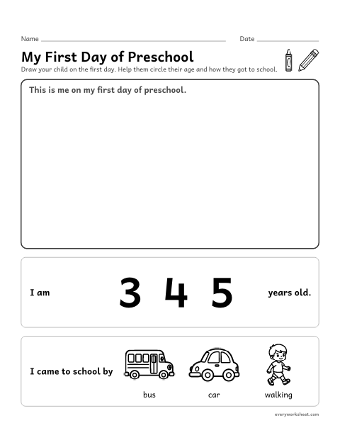 Preview of the printable “My first day of preschool” worksheet: telling about myself: my picture, my age and how I get to school