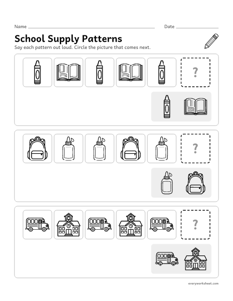 Preview of the printable “School supply patterns” worksheet: finishing AB and ABB patterns of school supplies