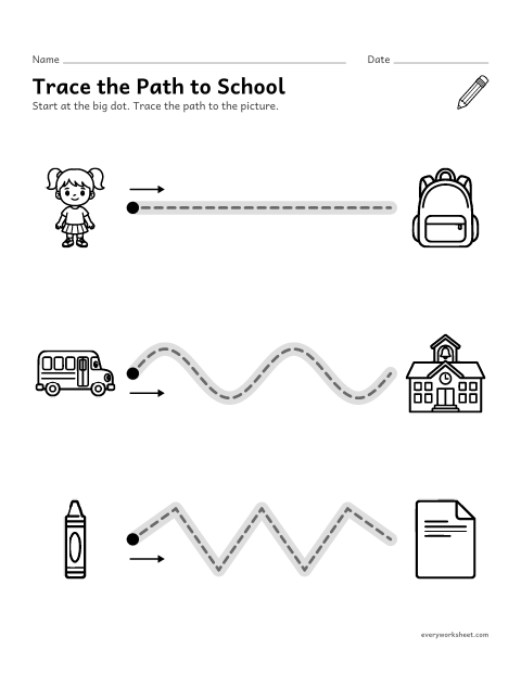 Preview of the printable “Trace the path to school” worksheet: tracing straight, wavy and zigzag paths from left to right