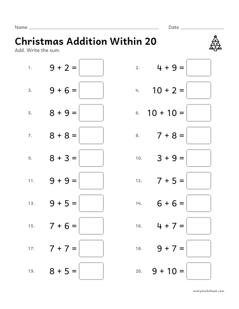 Preview of the printable “Christmas addition within 20” worksheet: adding within 20 (sums 11 to 20)