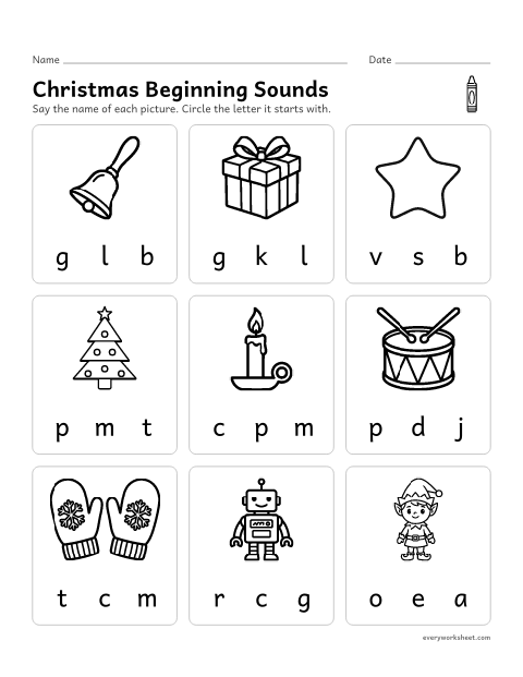 Preview of the printable “Christmas beginning sounds” worksheet: naming the first sound of a word and the letter that spells it