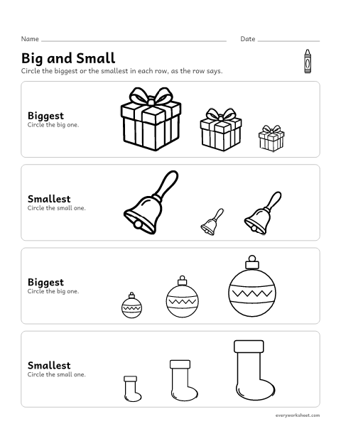 Preview of the printable “Christmas big and small” worksheet: comparing size: biggest and smallest