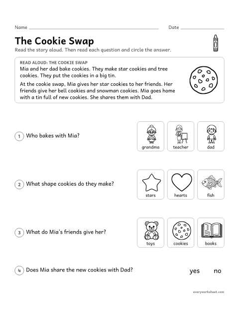 Preview of the printable “The cookie Swap: christmas Read-Aloud” worksheet: listening to a story and answering questions about key details