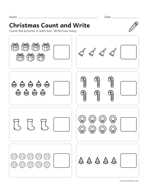 Preview of the printable “Christmas count and write 1 to 10” worksheet: counting up to 10 objects and writing the number
