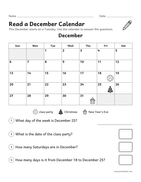 Preview of the printable “December calendar worksheet” worksheet: reading a calendar: days of the week, dates and counting days