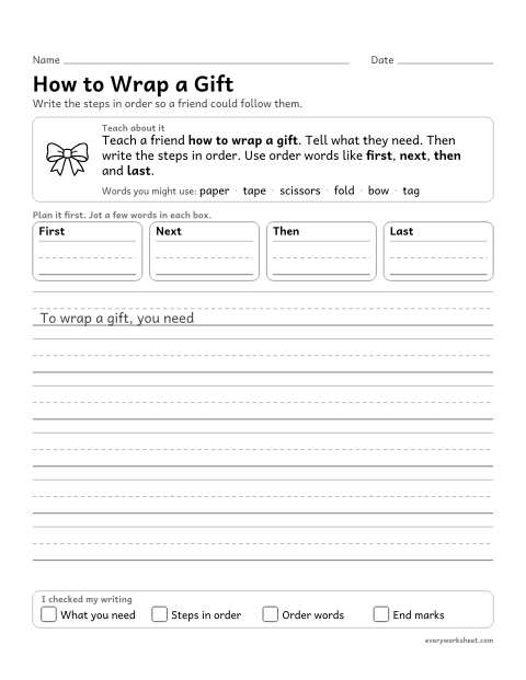 Preview of the printable “How to wrap a Gift: christmas How-To writing” worksheet: writing how-to steps in order with order words