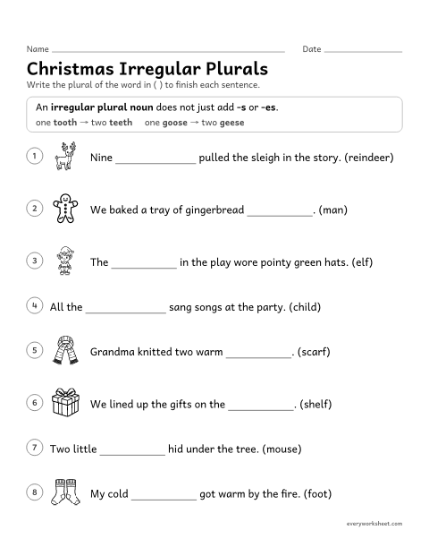 Preview of the printable “Christmas irregular plurals” worksheet: forming and using irregular plural nouns