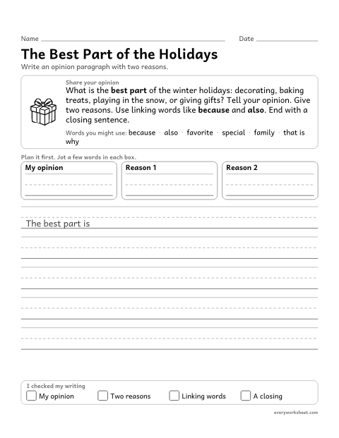 Preview of the printable “Christmas opinion Writing: the best part of the holidays” worksheet: writing an opinion with reasons, linking words and a closing