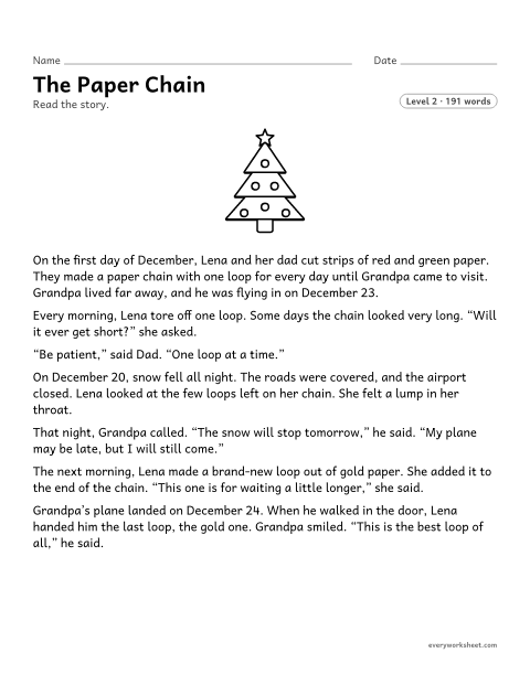 Preview of the printable “The paper Chain: christmas reading passage” worksheet: describing how a character responds to a problem in a story