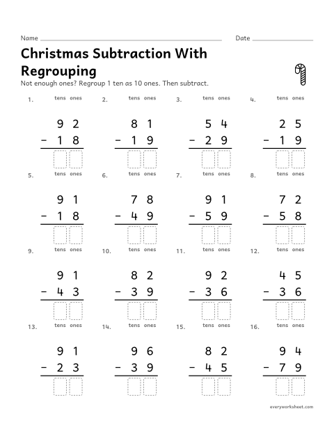 Preview of the printable “Christmas subtraction with regrouping” worksheet: subtracting two-digit numbers with regrouping