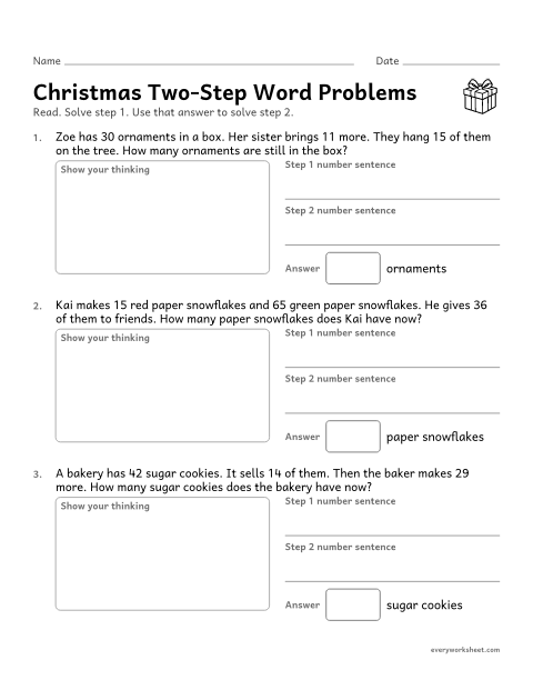 Preview of the printable “Christmas Two-Step word problems” worksheet: solving Christmas two-step word problems within 100
