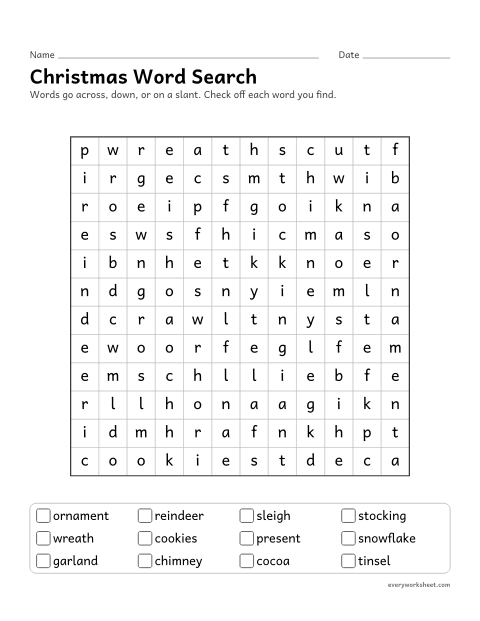 Preview of the printable “Christmas word search” worksheet: reading and finding Christmas words in a letter grid