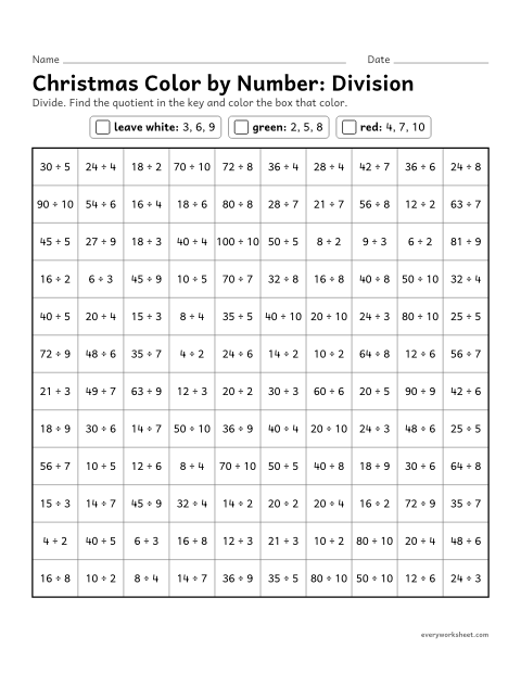 Preview of the printable “Christmas color by Number: division” worksheet: division facts within 100 (color by quotient)