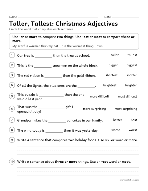 Preview of the printable “Christmas comparative and superlative adjectives” worksheet: forming and using comparative and superlative adjectives