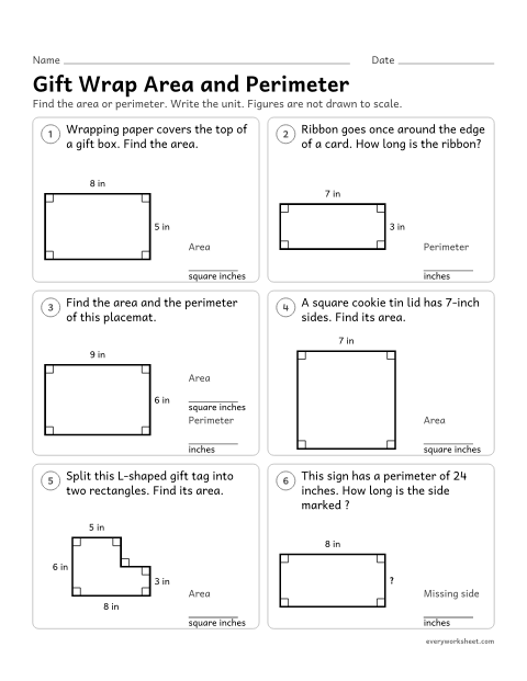 Preview of the printable “Gift wrap area and perimeter” worksheet: solving area and perimeter problems with rectangles and rectilinear figures