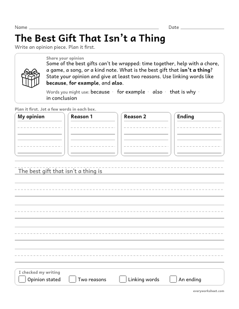 Preview of the printable “The best gift that Isn't a Thing: christmas opinion writing” worksheet: writing an opinion piece that states an opinion, gives reasons and uses linking words
