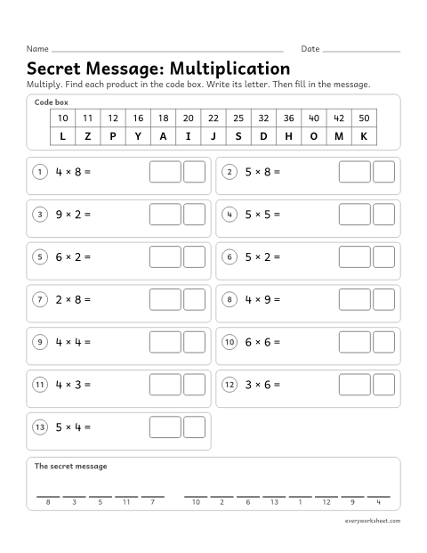 Preview of the printable “Christmas secret Message: multiplication” worksheet: multiplication facts within 100 (secret message puzzle)