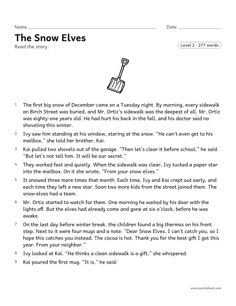 Preview of the printable “The snow Elves: christmas reading passage for 3rd grade” worksheet: determining the central message of a story and explaining how it is conveyed through key details