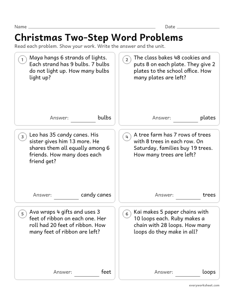 Preview of the printable “Christmas Two-Step word problems” worksheet: solving two-step word problems with all four operations
