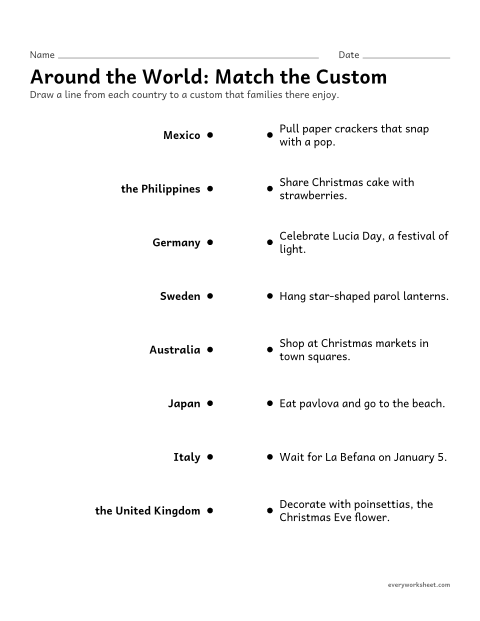 Preview of the printable “Christmas around the world matching worksheet” worksheet: matching words and phrases about holiday customs to their meanings
