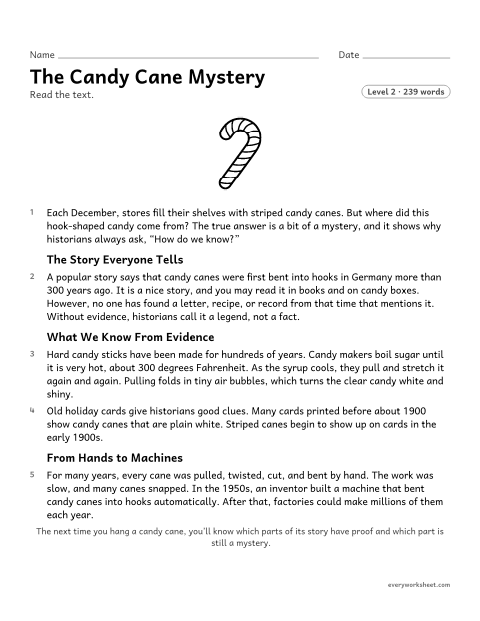 Preview of the printable “The mystery of the candy Cane: nonfiction reading passage” worksheet: explaining how an author uses reasons and evidence to support points in a text